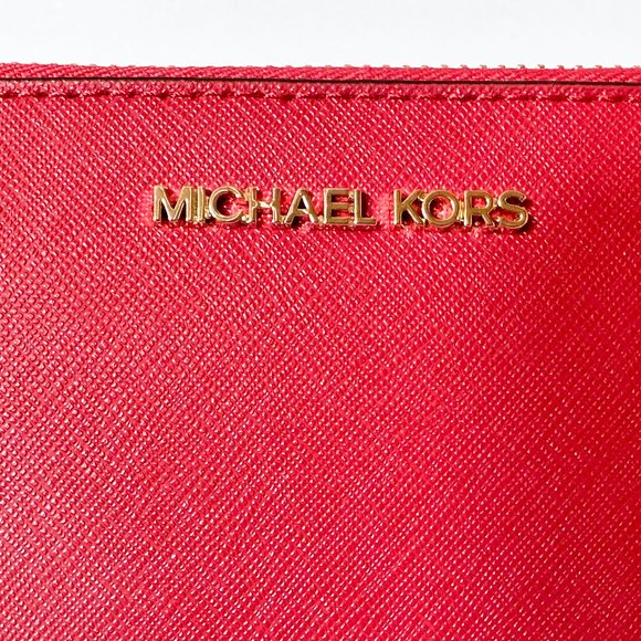 Michael Kors Jet Set Travel Large Three Quarter Zip Leather Wallet Red Chili - Picture 7 of 12